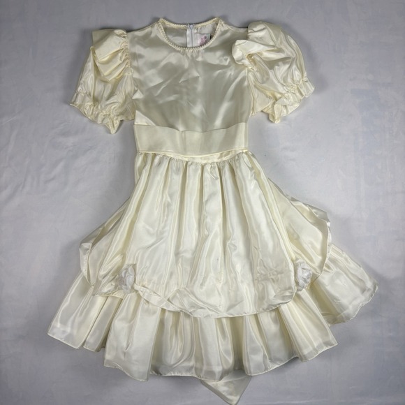 Cinderella Other - Vintage 80s Allison Ann Girls Dress Size 10 Ivory Satin Pearl Puff Sleeve USA